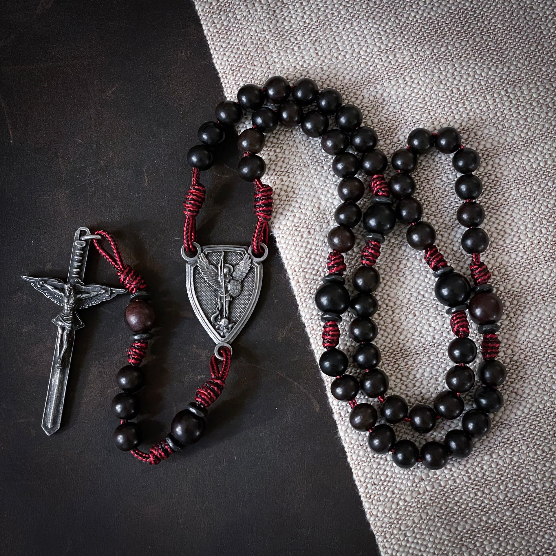 Handmade Wooden Rosary - St. Michael Defender Red - Sword Design