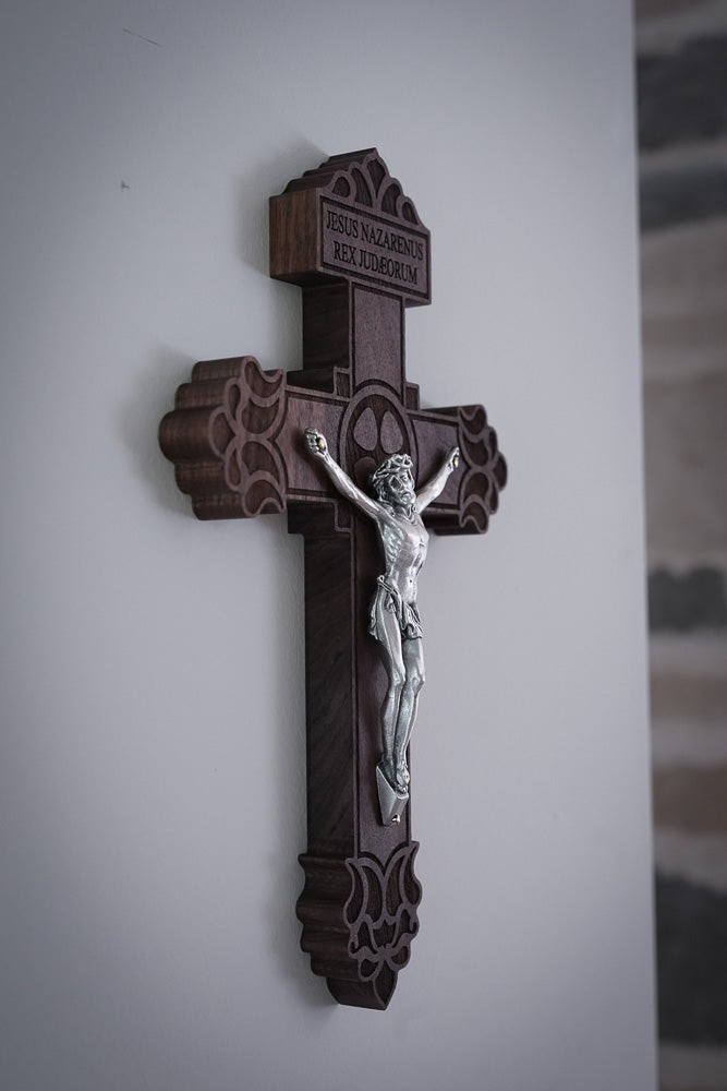 Handmade Wooden Wall Crucifix - 12 inch Pardon Design