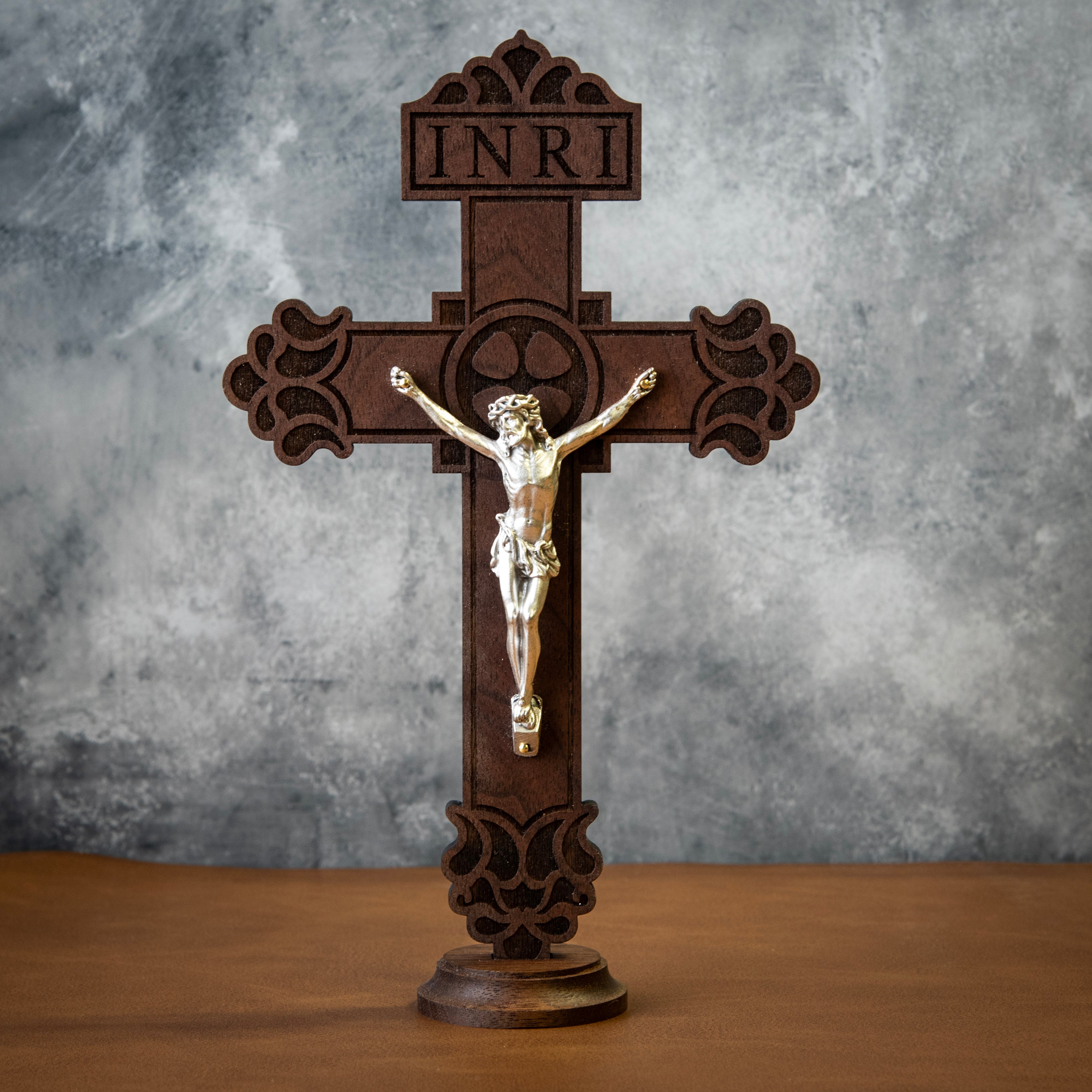 Standing 9" Walnut Pardon Crucifix
