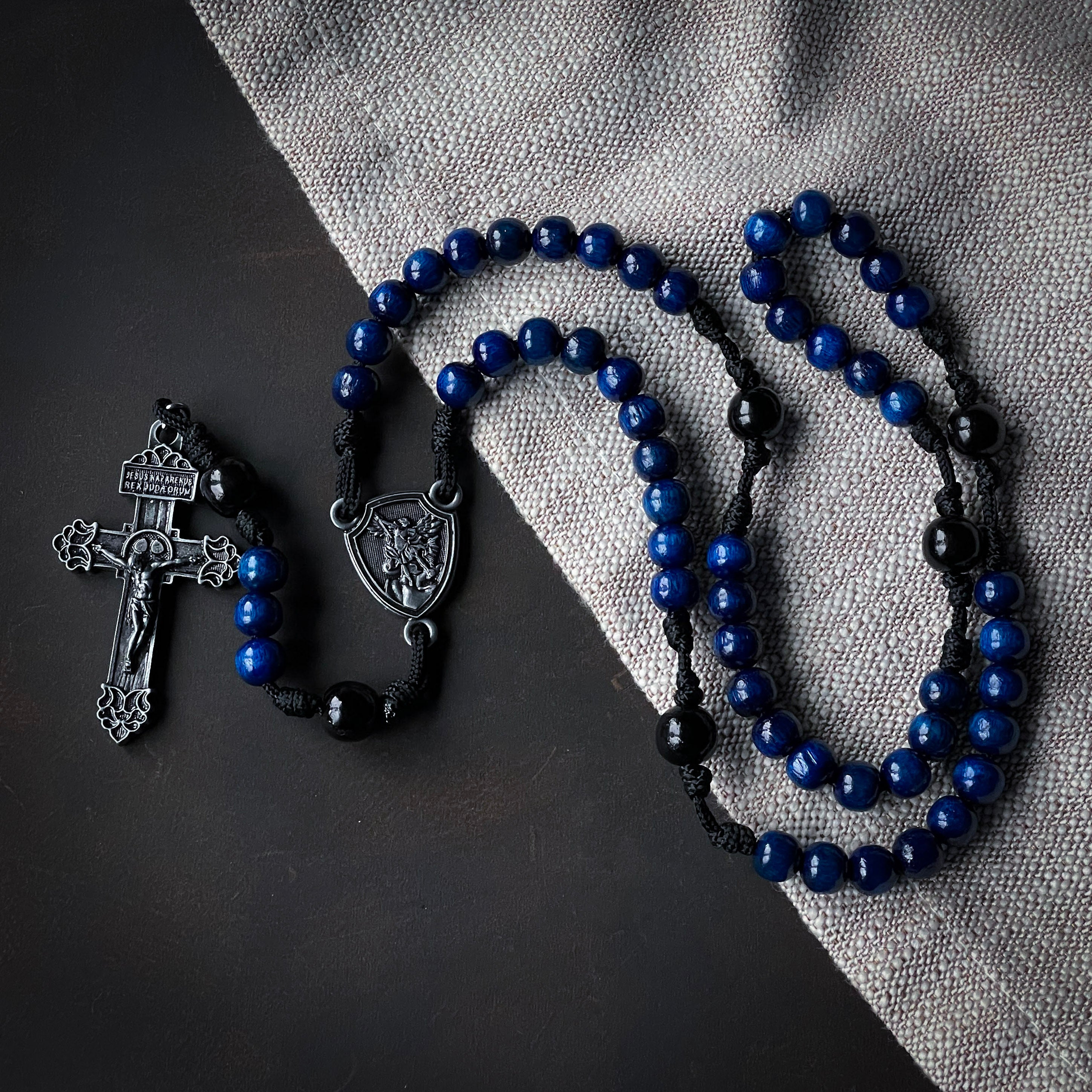Handmade Wooden Rosary - Blue Steel Design