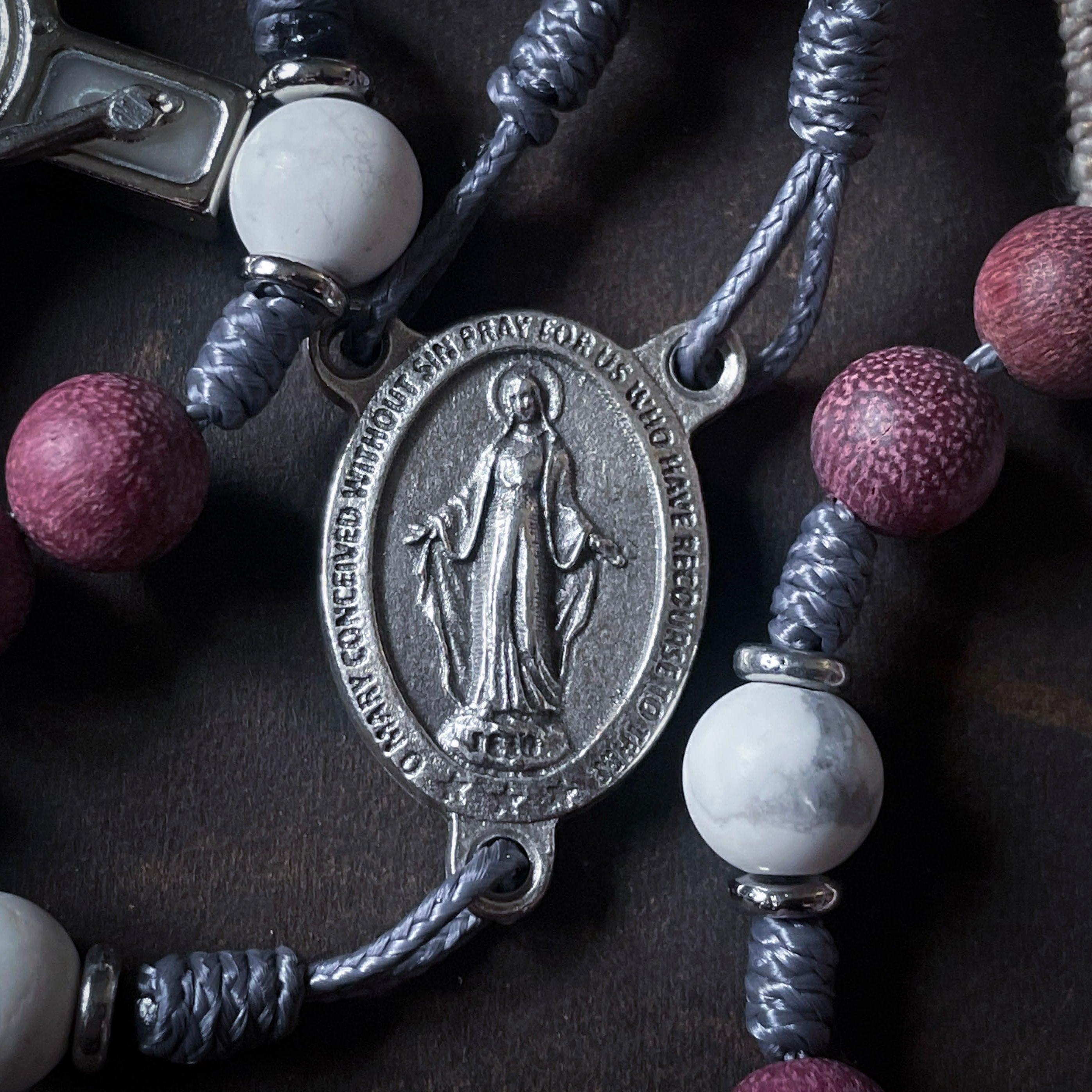 Handmade Wooden Rosary - Miraculous Medal - Purple Heart Design