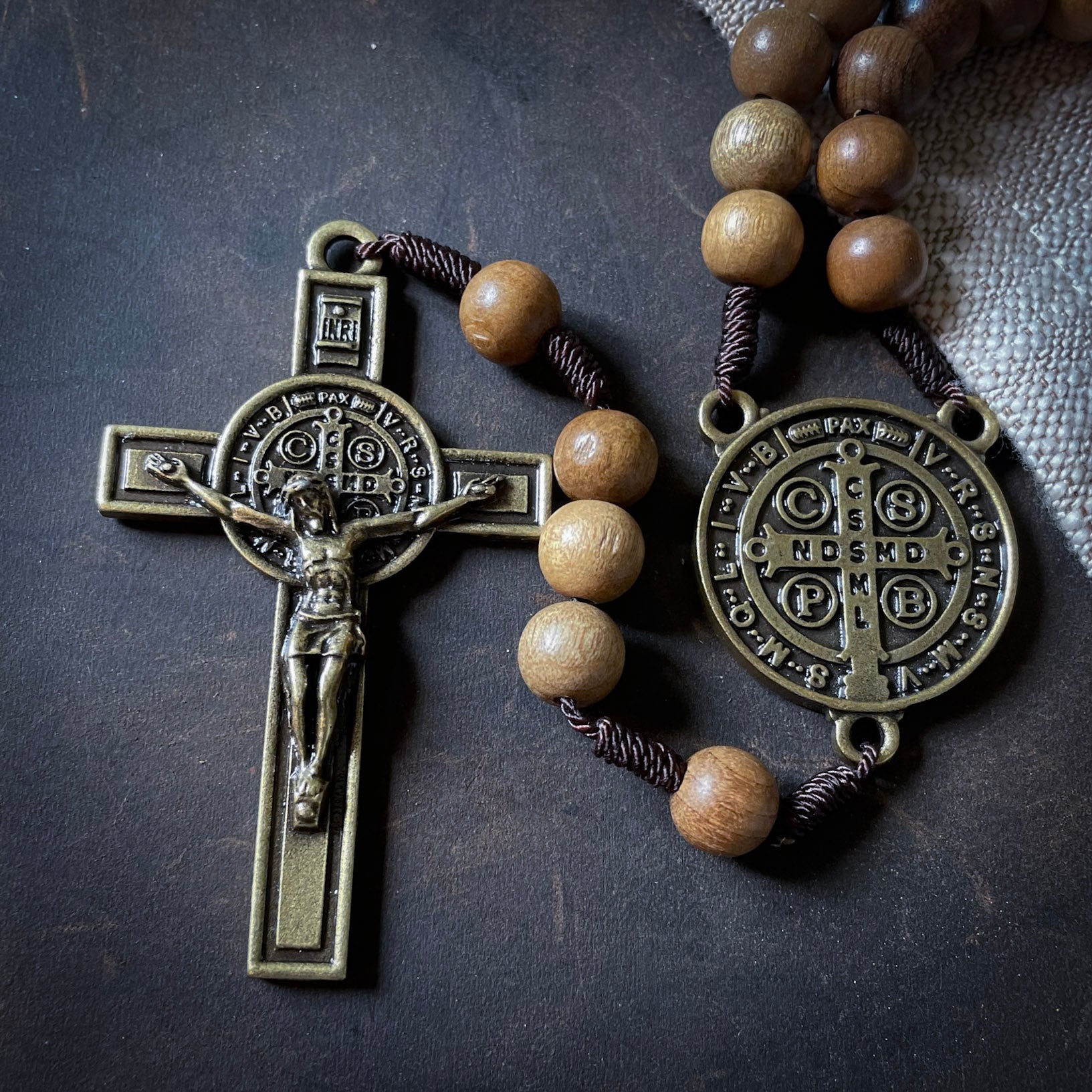 Handmade Wooden Rosary - St. Benedict Design - Bronze Color