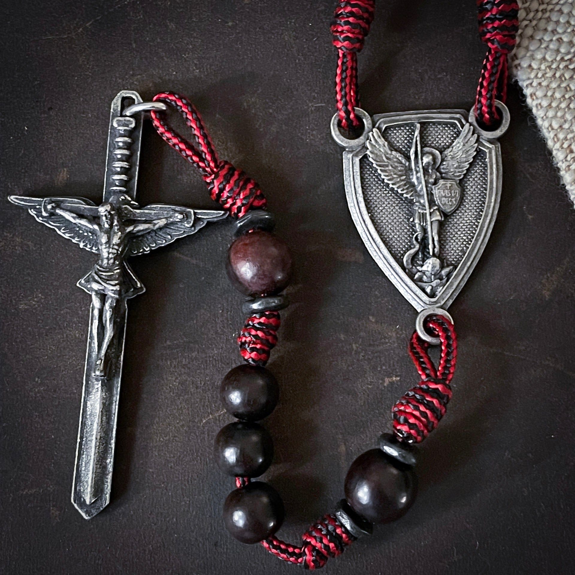 Handmade Wooden Rosary - St. Michael Defender Red - Sword Design