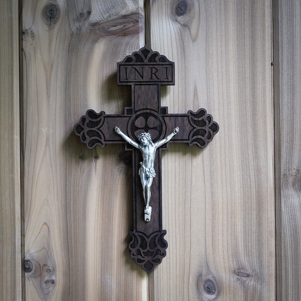 Handmade Wooden Wall Crucifix - 9 inch Pardon Design
