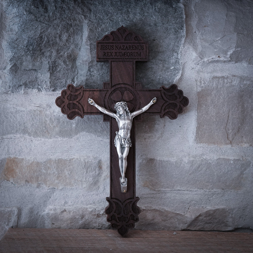 Handmade Wooden Wall Crucifix - 12 inch Pardon Design