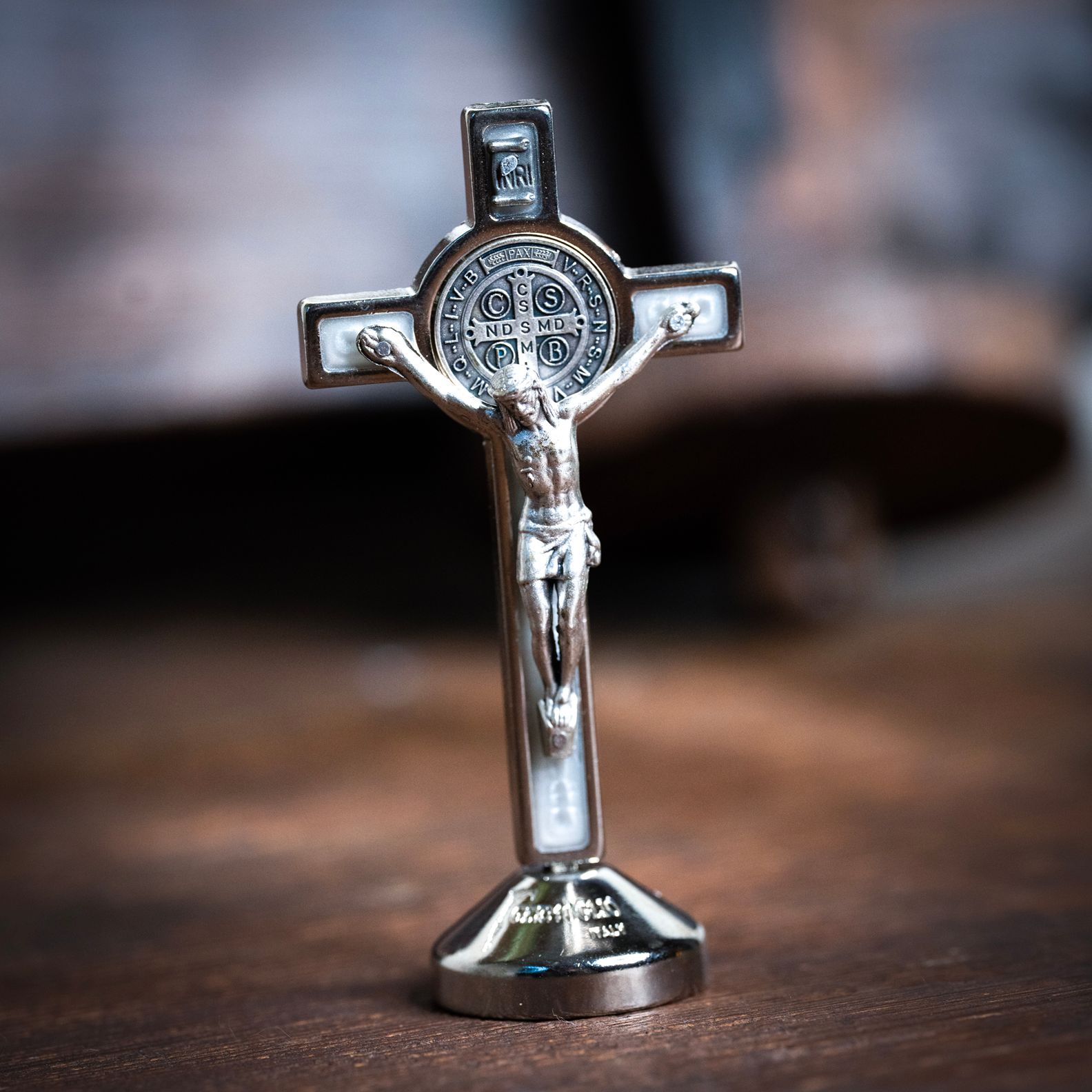 Desktop Crucifix - St. Benedict - White