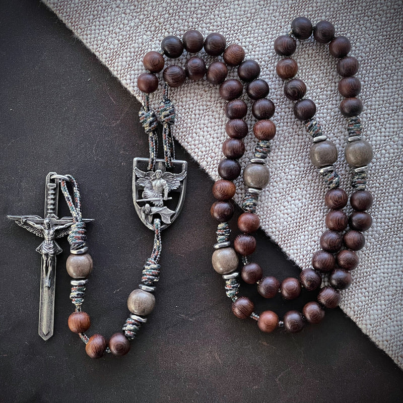 St. Michael Defender Rosary, handcrafted wooden beads and military-grade paracord by The Catholic Woodworker